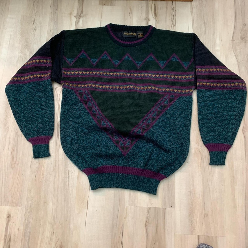 Michael Gerald Vintage 80s Geometric Knit Acrylic Sweater Mens Medium Multi